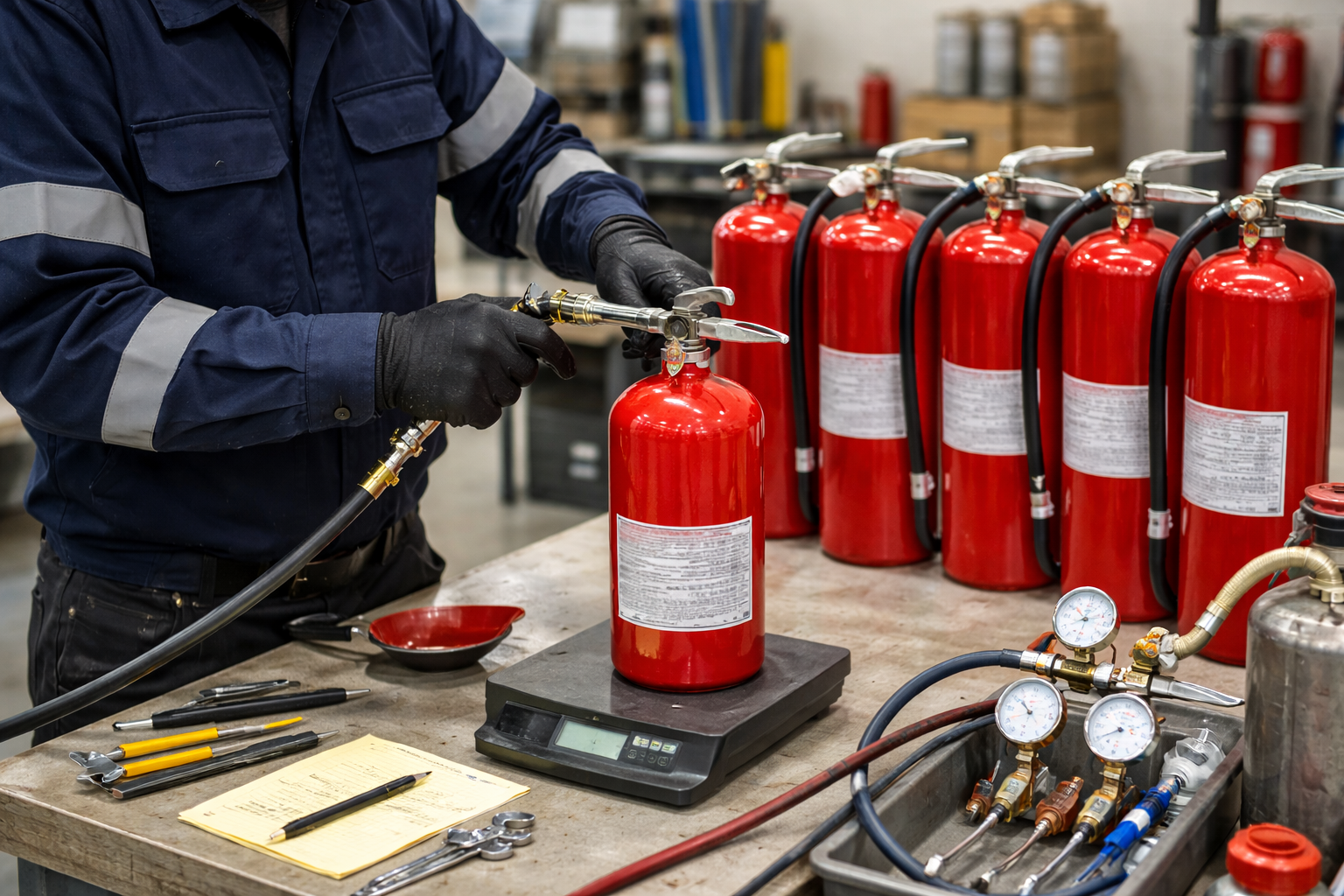 Technician servicing fire extinguishers in workshop (1)